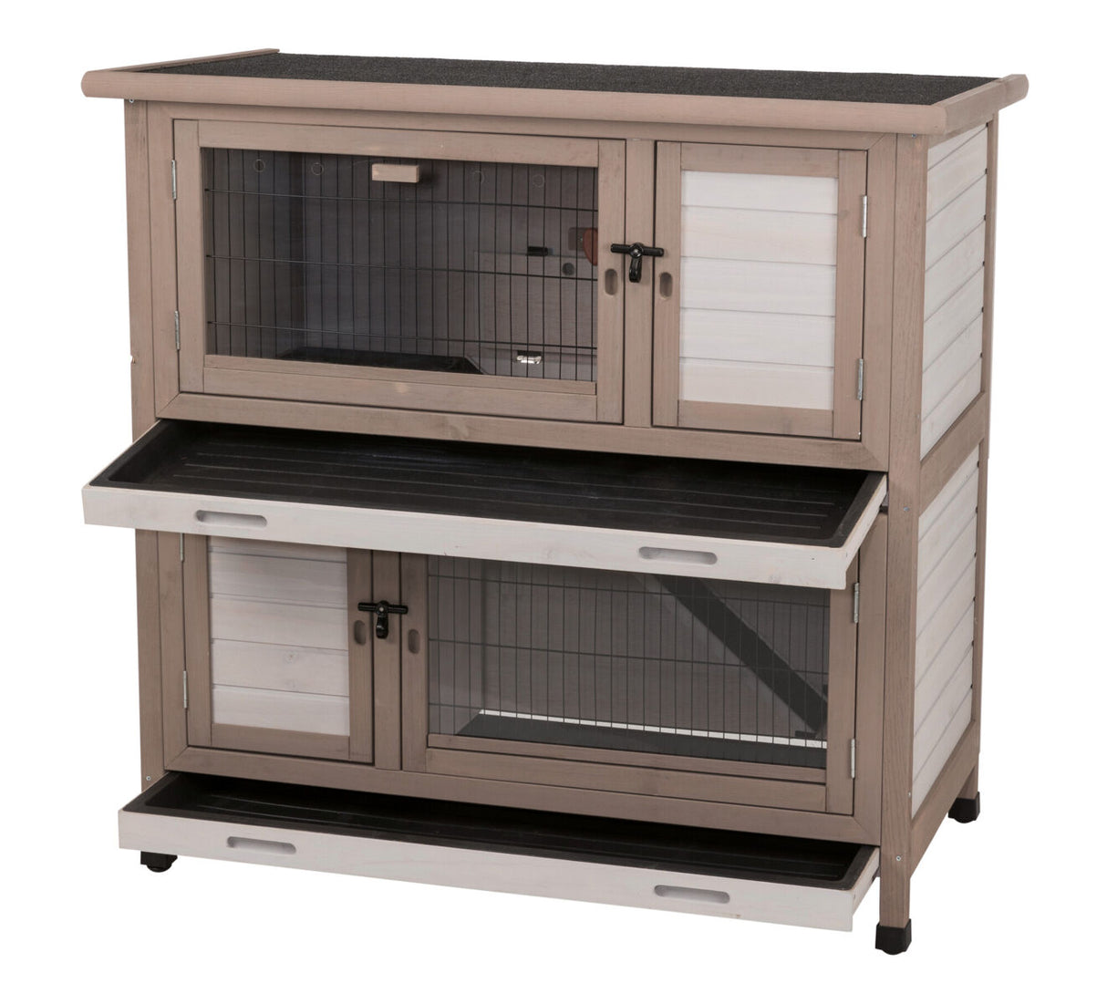 Holzfarbener Hasenstall mit zwei Etagen, Gittertüren, schwarzem Dach, weißgrauen Seitenwänden und herausnehmbaren Schalen.