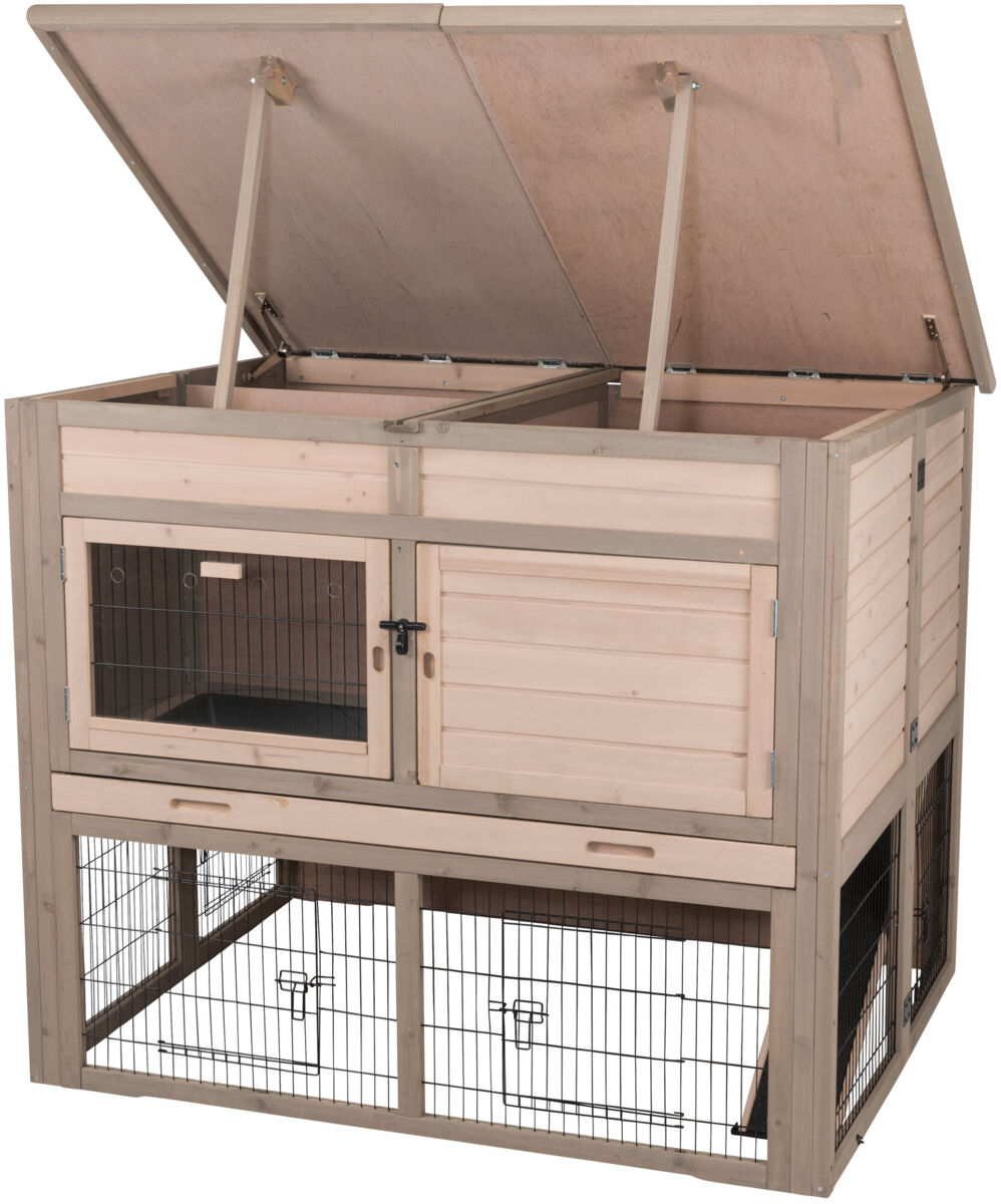 Holzgestell mit Drahtgitter, obere Klappe geöffnet, Fronttüren mit Verriegelung, rechteckiger Aufbau, beige und braun.