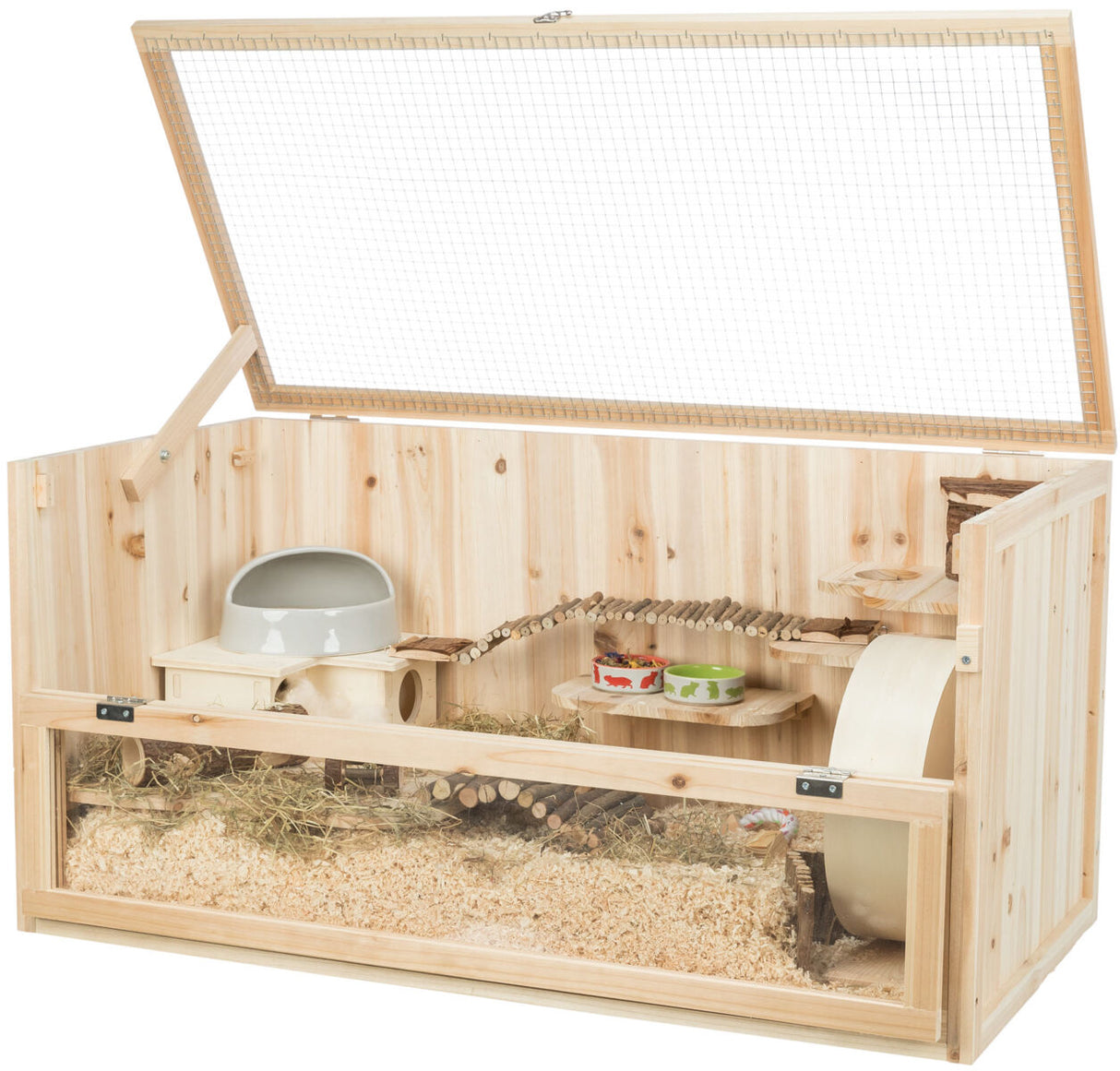 Holzgehege mit Gitterdeckel, Häuschen, Laufrad, Futternapf und Einstreu, geeignet für Kleintiere.