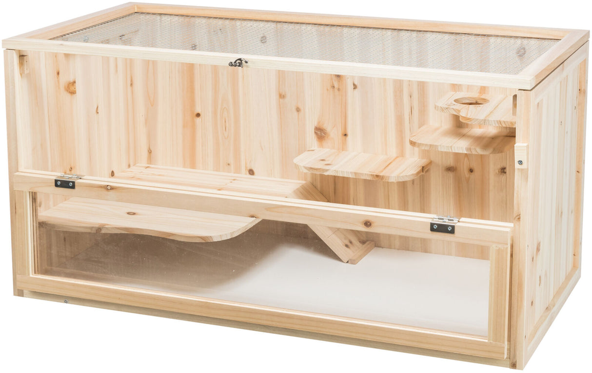 Rechteckiges, helles Holzkäfig mit Gitteroberseite, transparentem Vorderteil und internen Kletterplattformen.