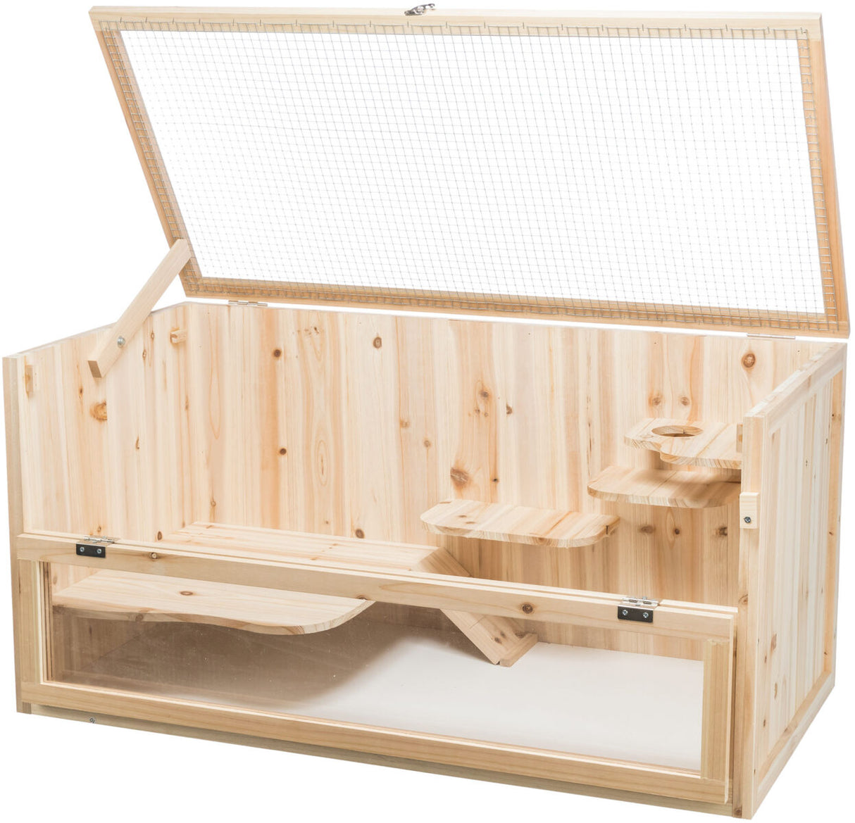 Holzgehege mit offenem Gitterdeckel, mehreren Plattformen und durchsichtiger Front.