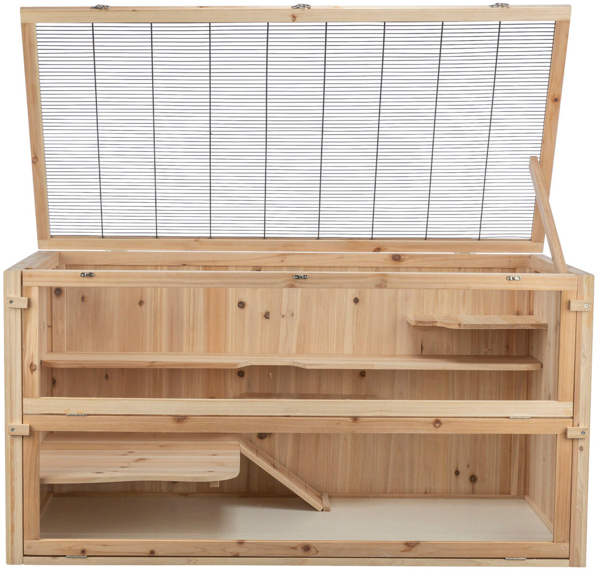 Holzgehege mit offenem Gitterdeckel, Innenregale und Rampen, Holzfarbe, geeignet für Haustiere.