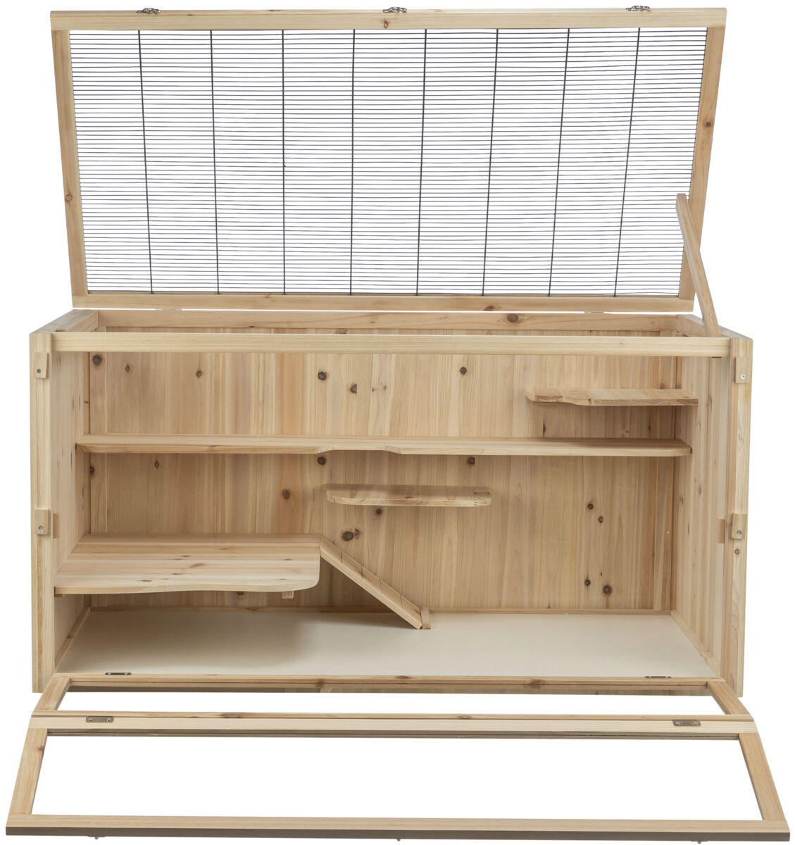 Holzkäfig mit offenem Gitterdeckel und mehreren Ebenen; natürliche Holzfarbe und rechteckige Form.