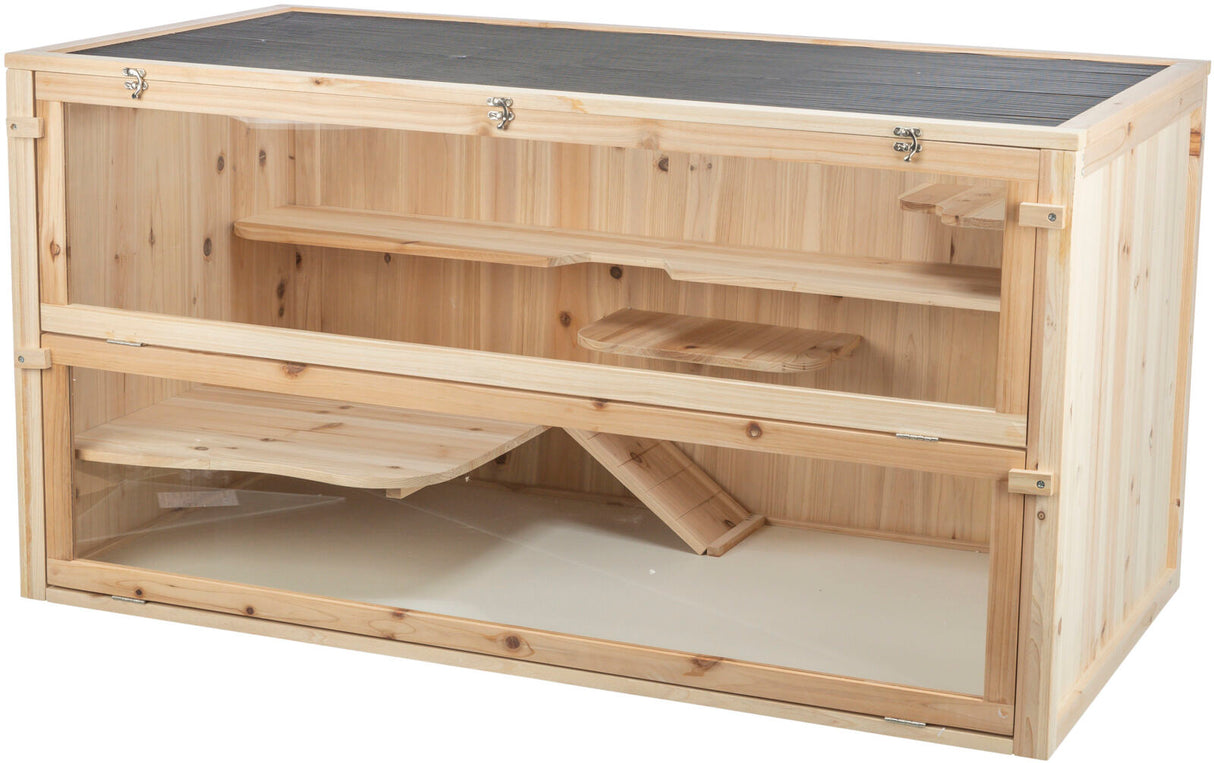 Holzterrarium mit Glastüren und integrierten Regalen in naturbelassener Holzoptik, belüftetes Dach mit Verschluss.