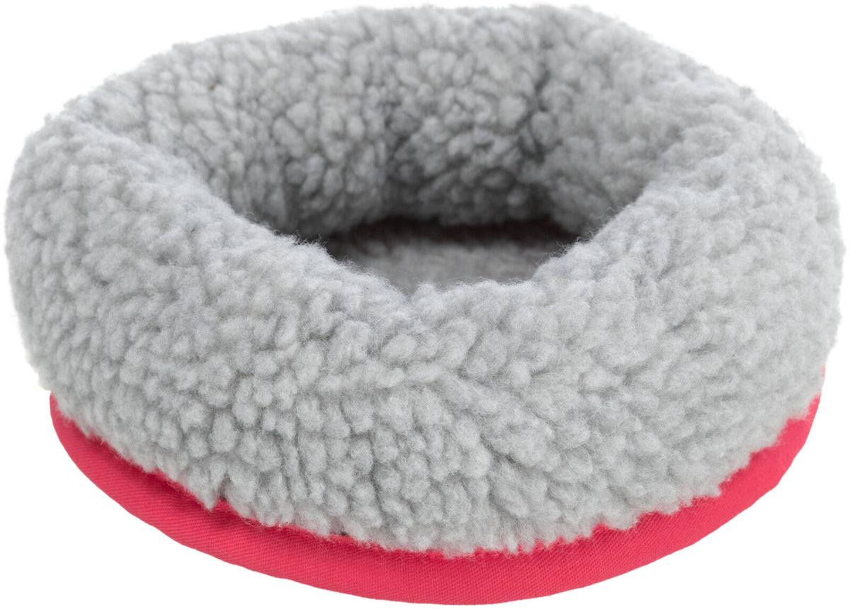 Graues, flauschiges rundes Bett mit rotem Rand, geeignet zur Nutzung als komfortabler Liegeplatz.
