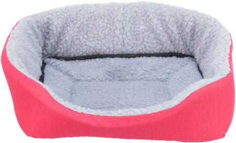 Rotes Haustierbett mit grauer, flauschiger Innenverkleidung und erhöhtem Rand.