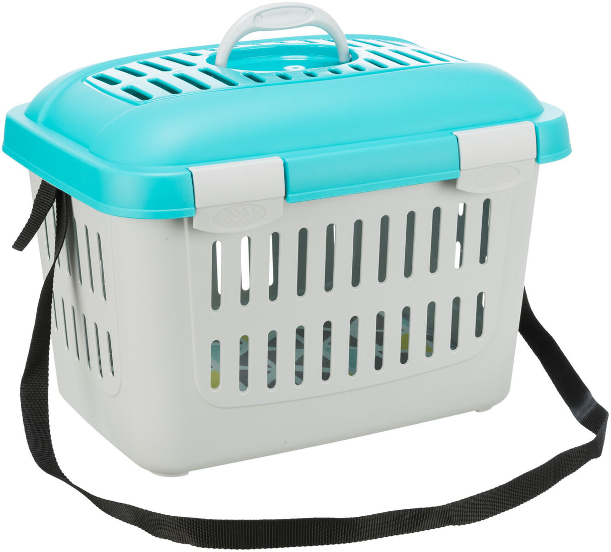 Transportbox mit belüftetem Deckel in Türkis und Weiß, schwarzer Schulterriemen, und Tragegriff oben.