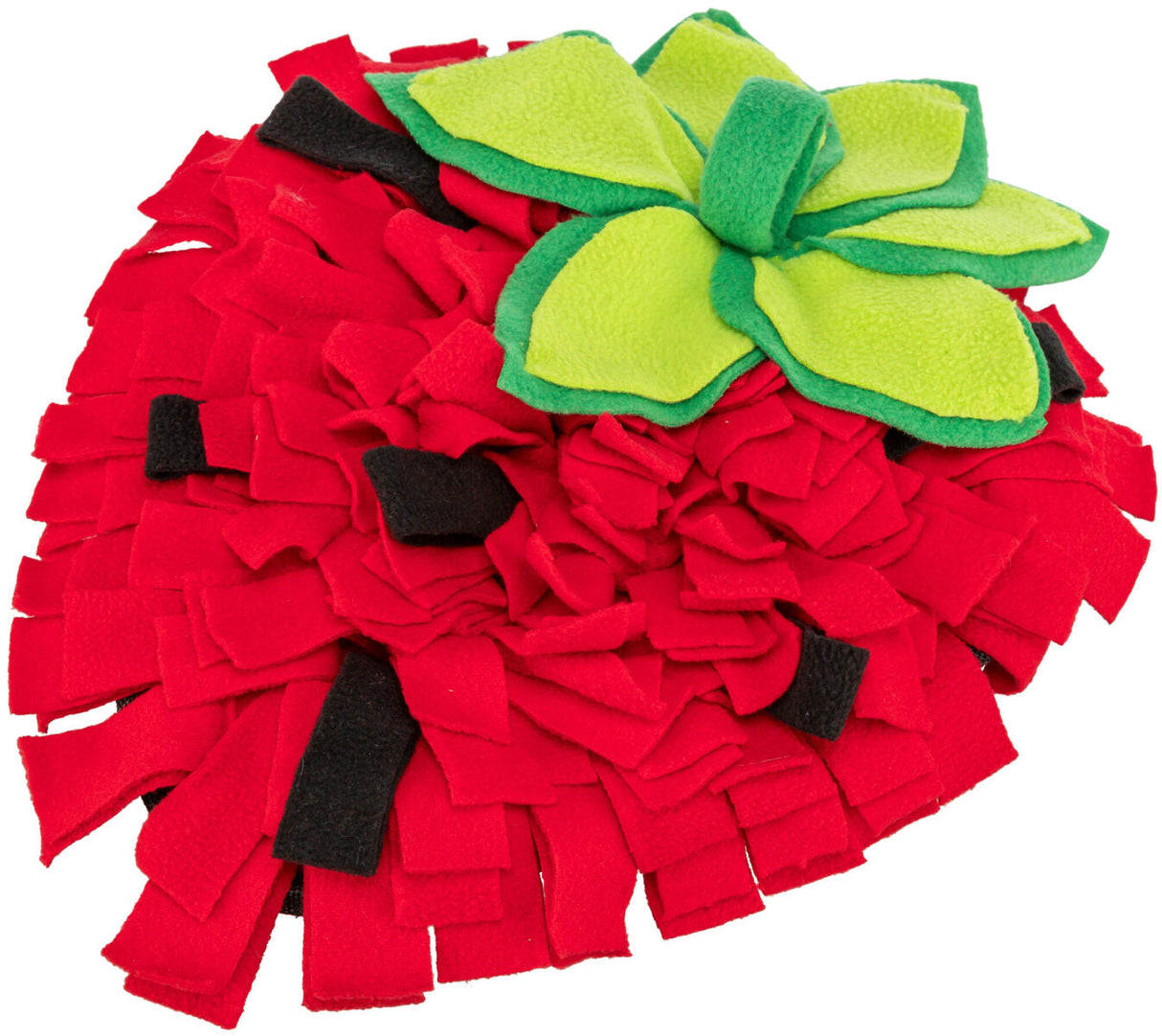 Rotes und grünes Stoffspielzeug mit Fransen und Blattformen.