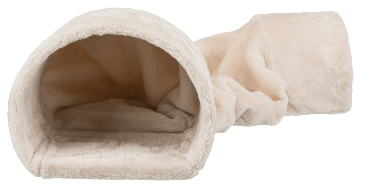 Weiches, beige Röhrentunnel mit flauschiger Oberfläche und gerolltem Design, das eine Höhle formt.