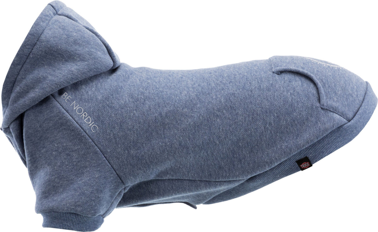 Blauer Hundemantel mit Kapuze und Schriftzug "BE NORDIC", seitlich leicht aufgeraut, mit dunklem Label.