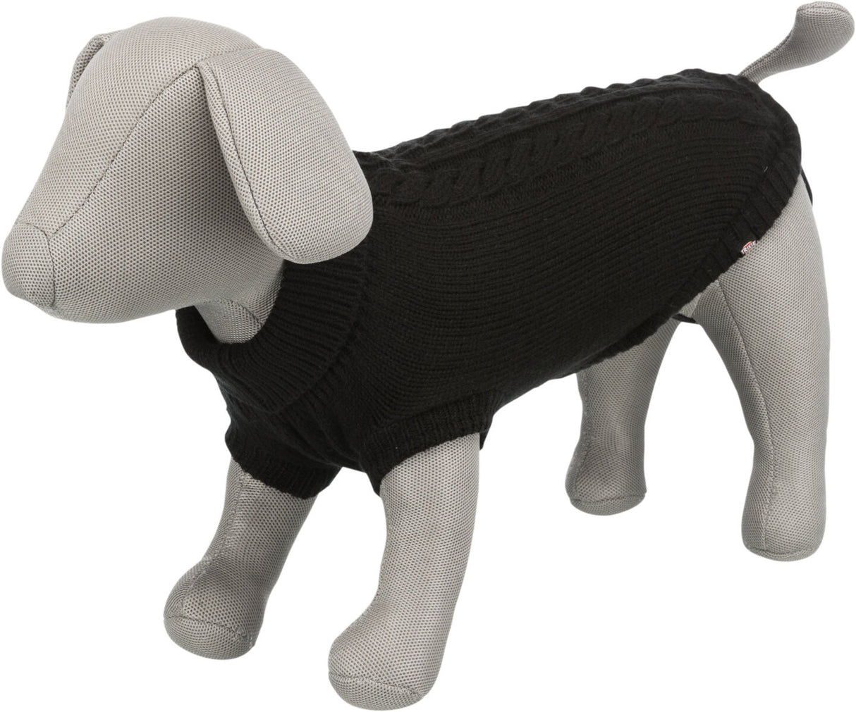 Grauer Stoffhund mit schwarzem Strickpullover, der die Details des Kleidungsstücks betont.