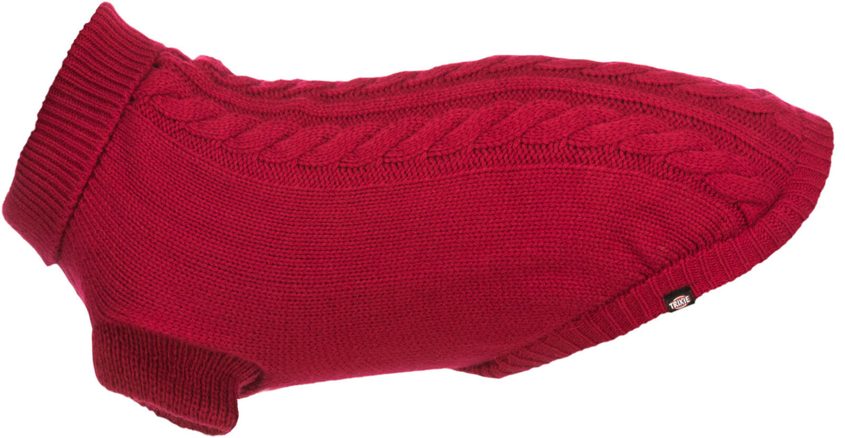 Roter Hundemantel mit Zopfmuster und gerippten Säumen.