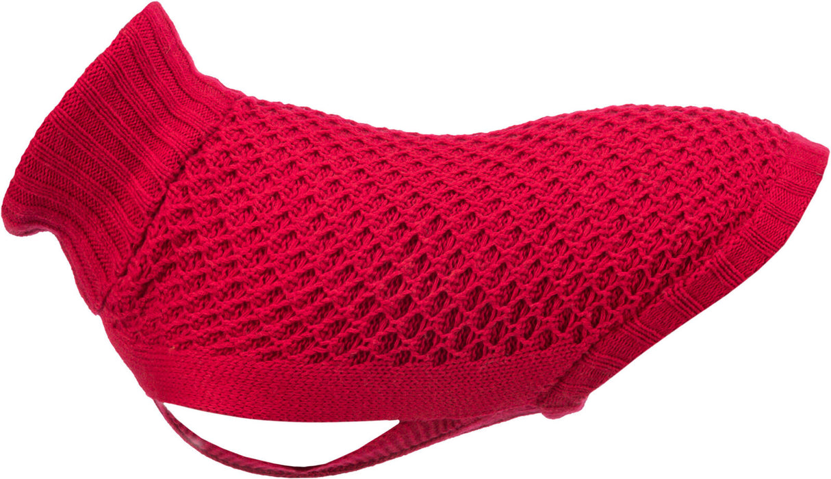 Roter, gestrickter Hundemantel mit einer grobmaschigen Struktur und Kragen sowie einem breiten unteren Rand.