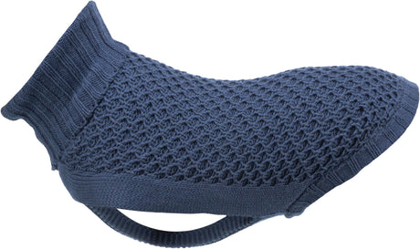 Ein dunkelblauer, gestrickter Überzug mit einem Riemen am Ende, möglicherweise für einen Schuh oder Fuß.