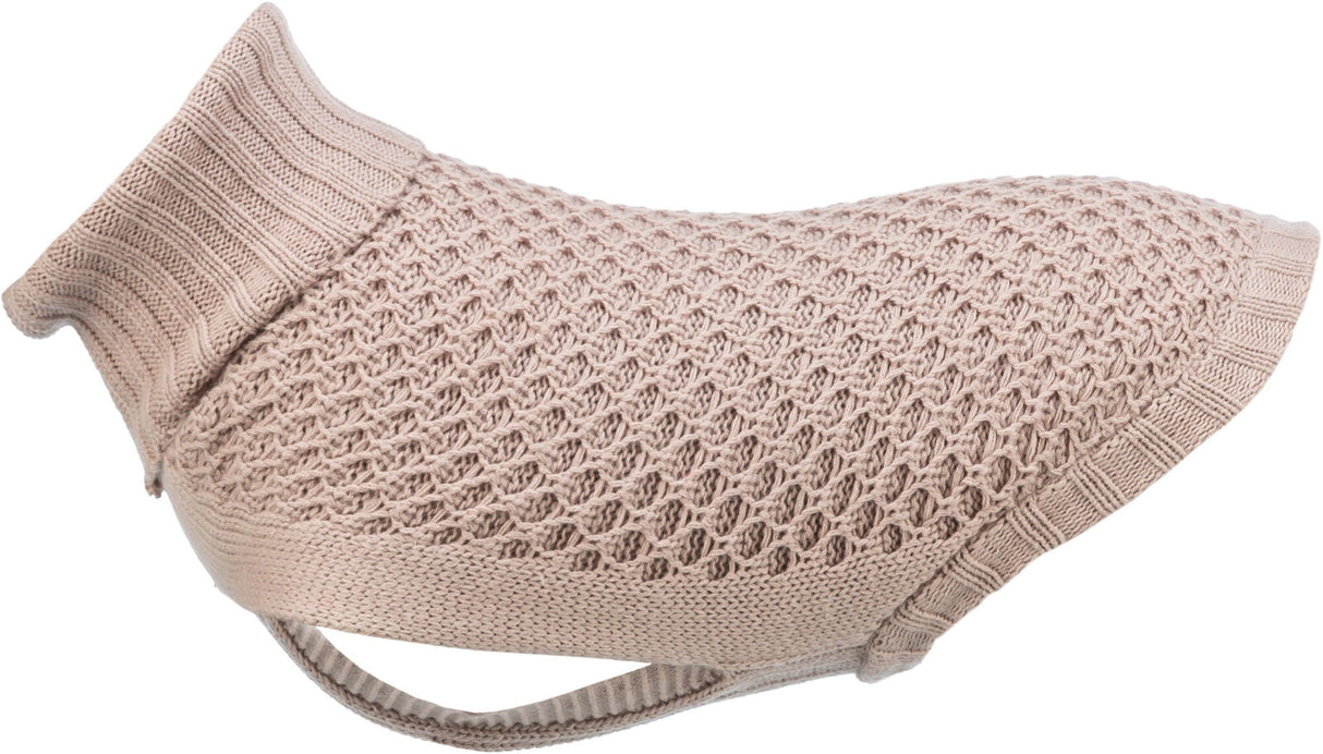 Gestrickter, hellbrauner Hundepullover mit Rippkragen und strukturiertem Muster, seitlich aufgenommen.
