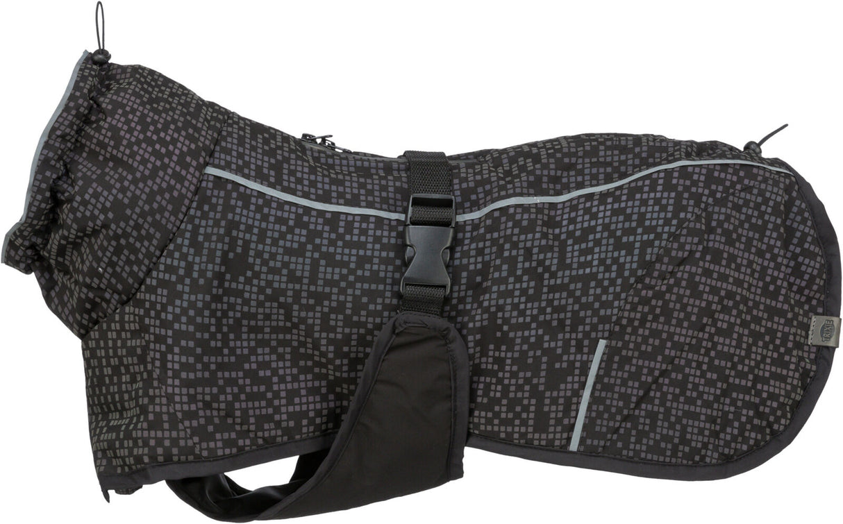 Dunkler Hundemantel mit Muster aus grauen Quadraten, reflektierenden Streifen und verstellbarem Verschluss.