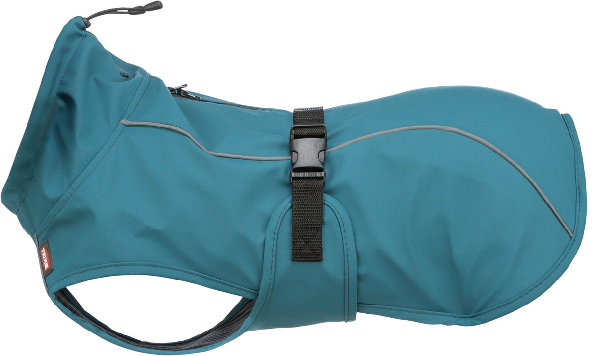 Blauer Hundemantel mit zwei reflektierenden Streifen und Schnalle zur Anpassung, Seitenansicht.