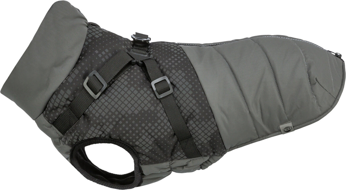 Grauer Hundemantel mit gepolsterter Oberfläche und verstellbaren Gurten, rautenförmiges Muster auf der Oberseite.