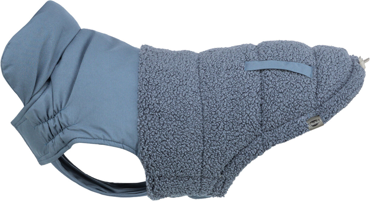 Grauer Hundemantel mit weichem, texturiertem Stoff und glattem Kragen, an den Seiten elastisch.