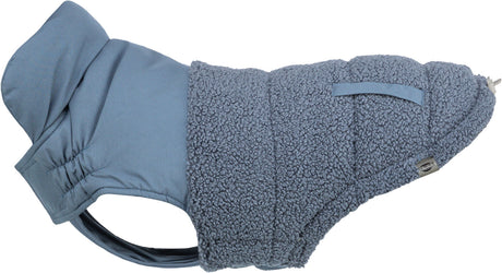 Grauer Hundemantel mit weichem, texturiertem Stoff und glattem Kragen, an den Seiten elastisch.