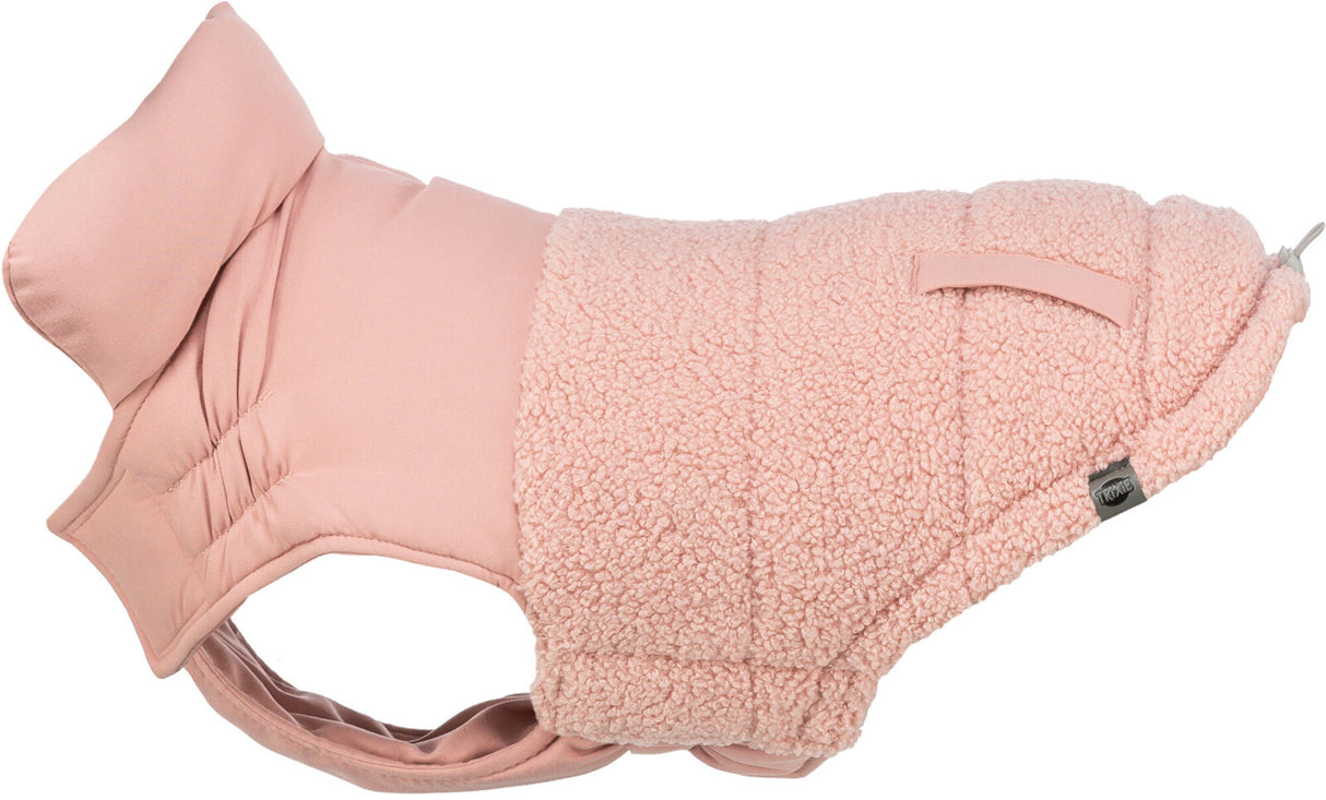 Rosa Hundemantel mit weichem Fellimitat und erhöhtem Kragen, Klettverschluss an der Oberseite.
