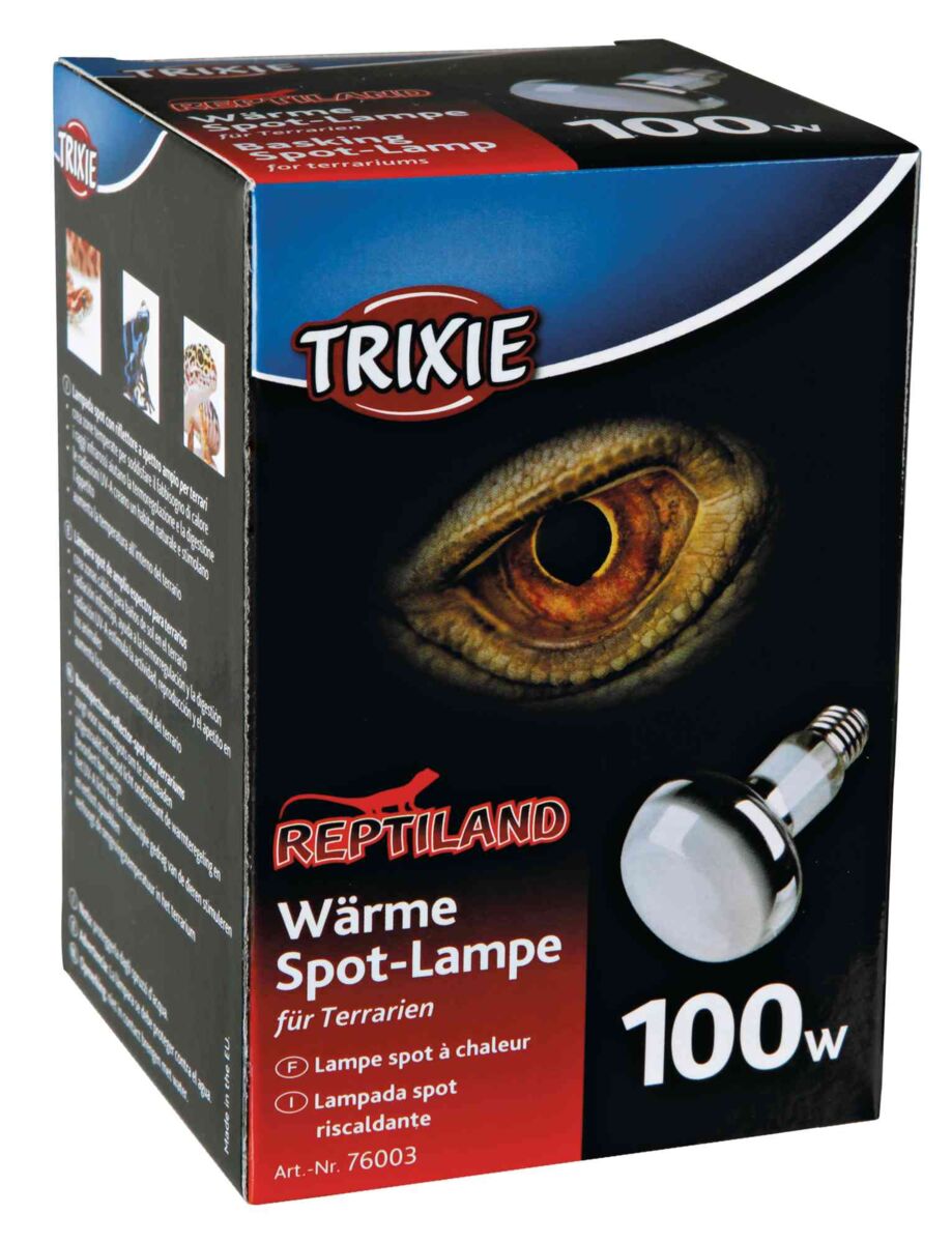 Verpackung einer 100W Wärme-Spot-Lampe für Terrarien von Trixie mit der Aufschrift "Reptiland".