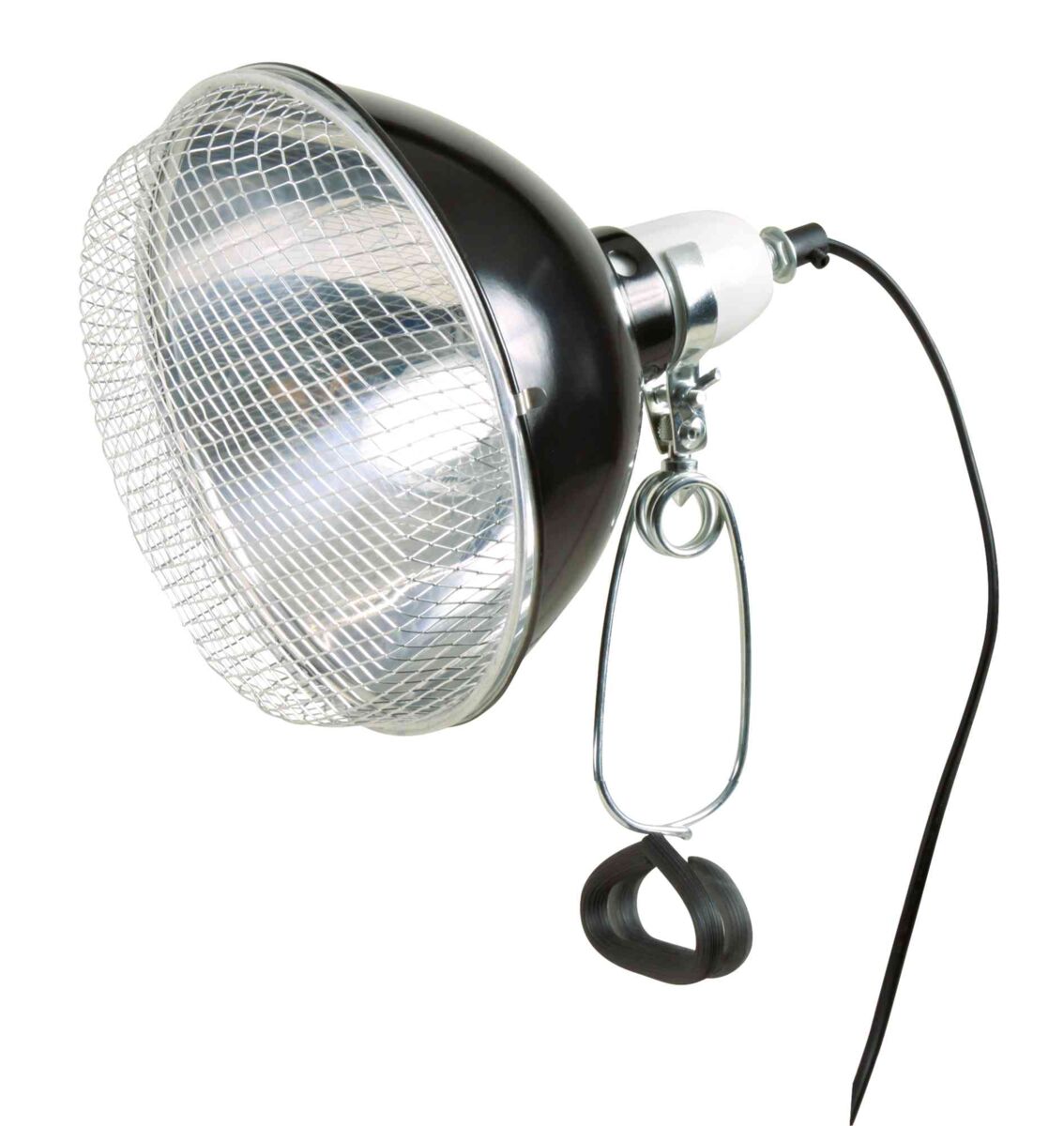 Silberne Lampe mit Schutzgitter und schwarzem Kabel, seitlich eine Klemme zur Befestigung.