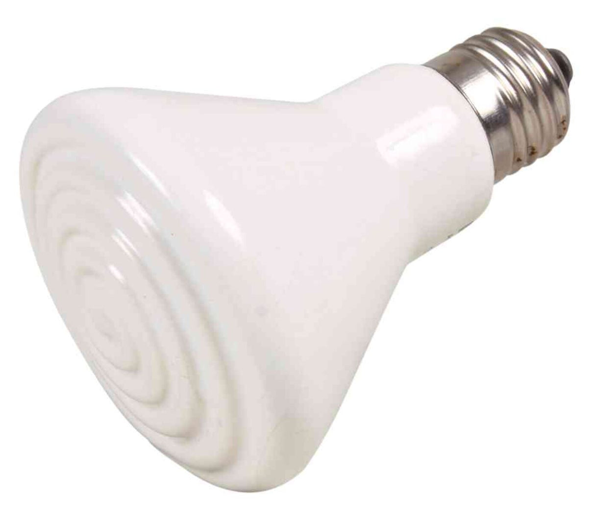 Weiße Rundstrahl-Glühlampe mit Schraubsockel, glatte Oberfläche und leicht spiralförmiger Textur auf der Vorderseite.