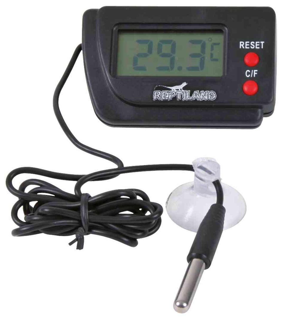 Digitales Thermometer mit Temperaturanzeige von 29,3°C, zwei roten Tasten und schwarzem Kabel mit Saugnapf.