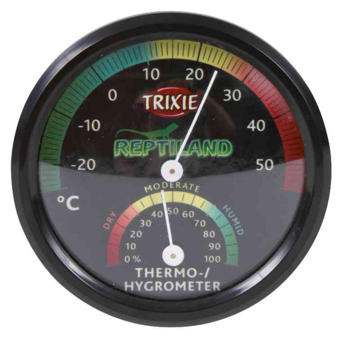 Rundes Thermo-Hygrometer mit schwarzem Gehäuse, Temperaturanzeige von -25 bis 50°C, Skala in Rot und Grün.