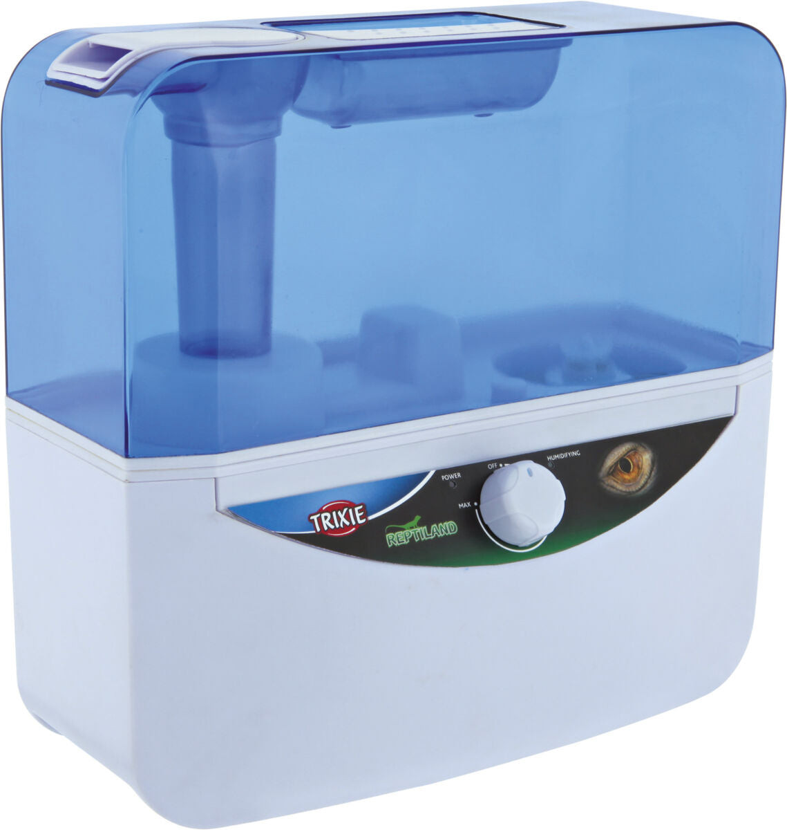 Blauer Luftbefeuchter mit transparentem Wassertank und weißem Gehäuse, Knopf mit Skala und Reptilienmotiv.