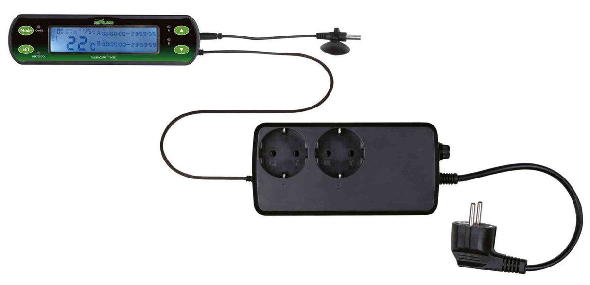 Digitaler Thermostat-Timer mit LCD-Anzeige, zwei Steckdosen und Temperatursensor, schwarzes und grünes Design.