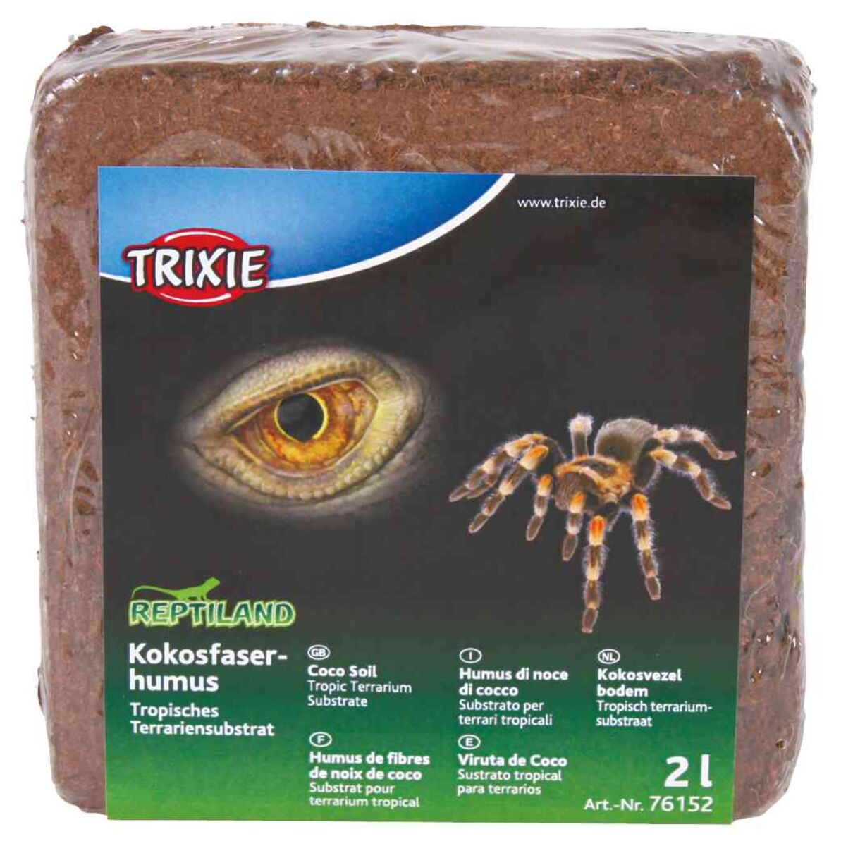 Brauner Block mit Trixie-Logo, Reptilienauge und Spinne auf Etikett; Beschriftung: Kokosfaserhumus für Terrarien.
