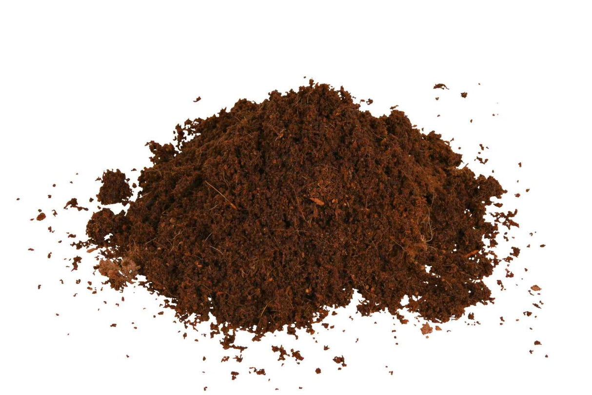 Ein Haufen dunkelbrauner, lockerer Erde vor weißem Hintergrund.