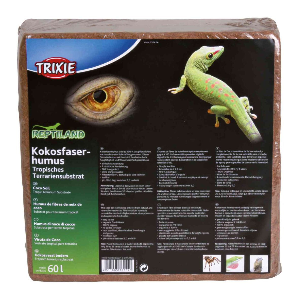 Verpackung von Kokosfaserhumus für tropische Terrarien, zeigt grünen Gecko und Produktinformationen.