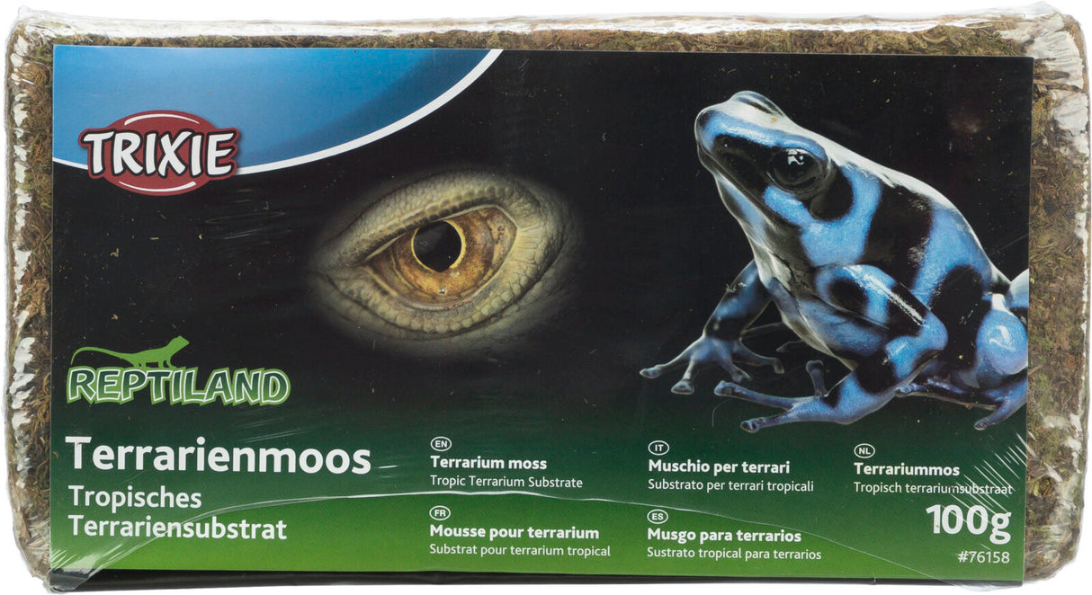Verpackung mit der Aufschrift "Terrarienmoos Tropisches Terrariensubstrat" und Bildern eines Reptilienauges und eines blauen Frosches.