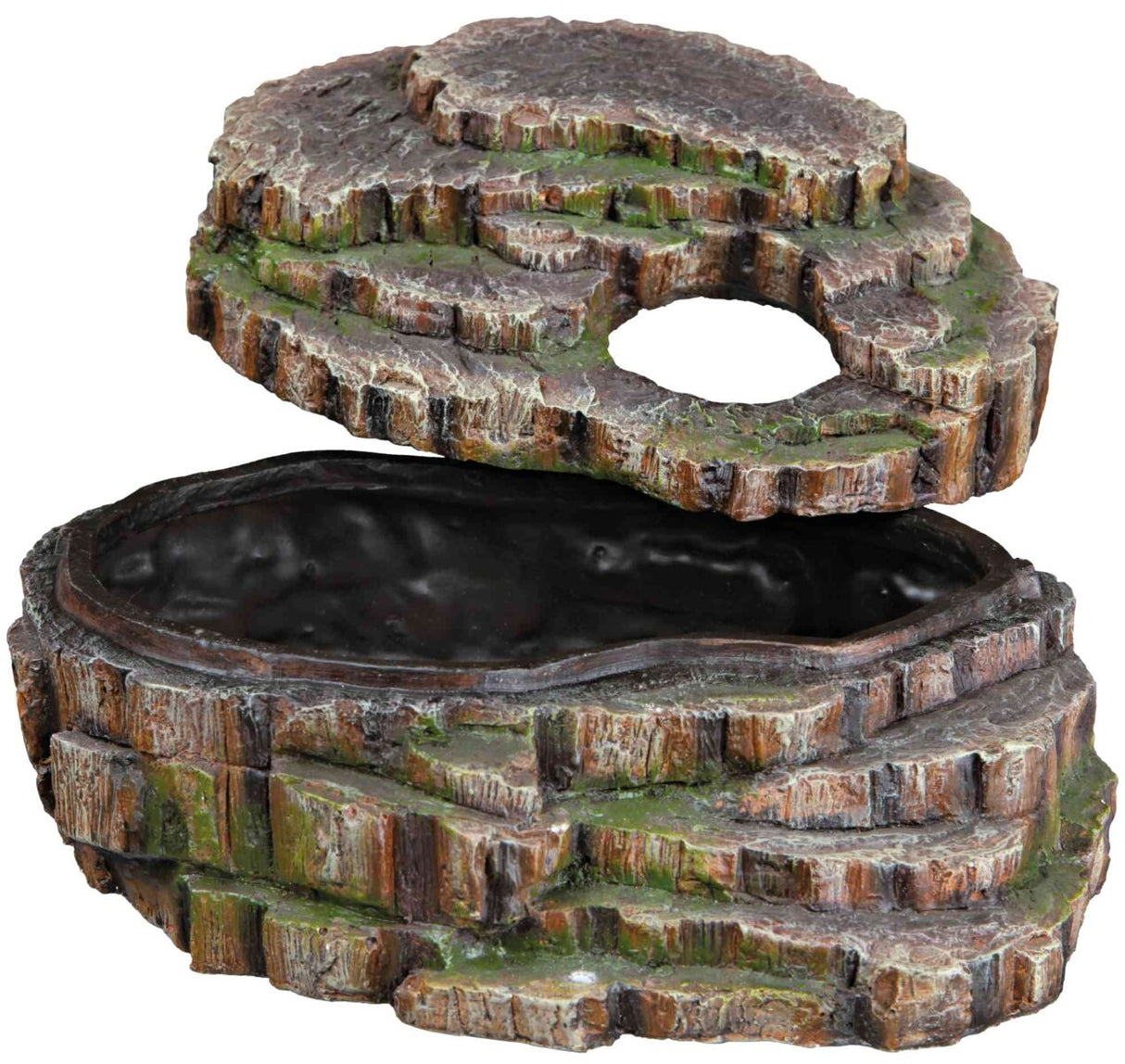 Dekorativer Felsen mit abnehmbarer Oberseite, zeigt realistische Stein- und Moosstruktur in Grau- und Grüntönen.