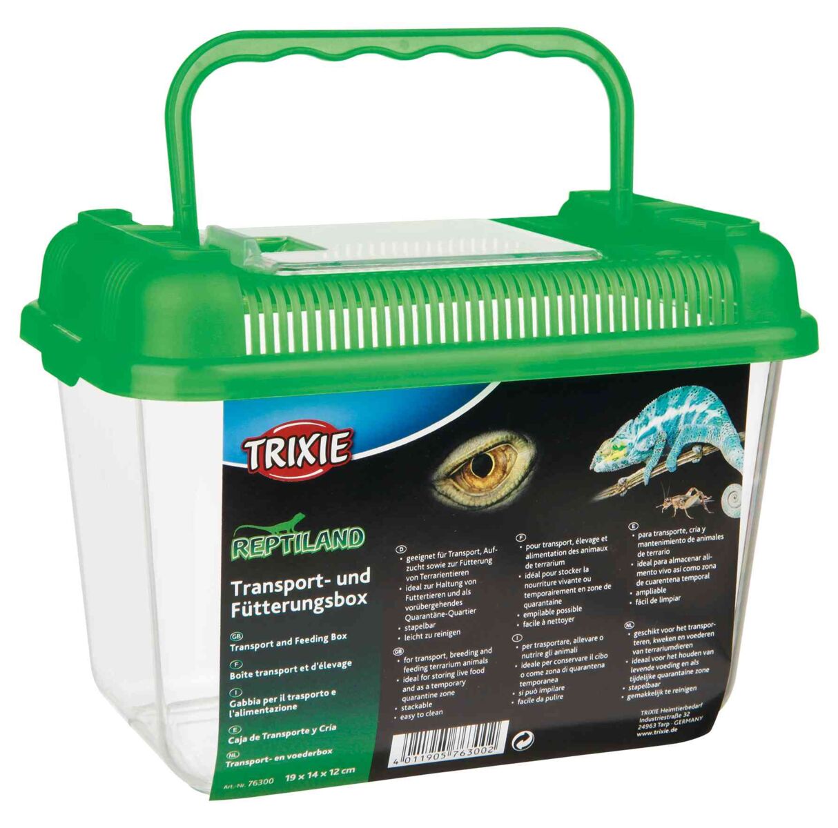 Transparente Transport- und Fütterungsbox mit grünem Deckel und Tragegriff, sichtbar ist der Text "TRIXIE Reptiland".
