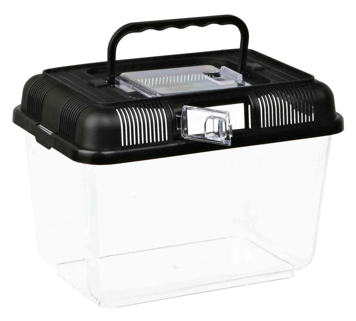 Eine durchsichtige Transportbox mit schwarzem Deckel und Tragegriff, rechteckige Form mit Belüftungsschlitzen.