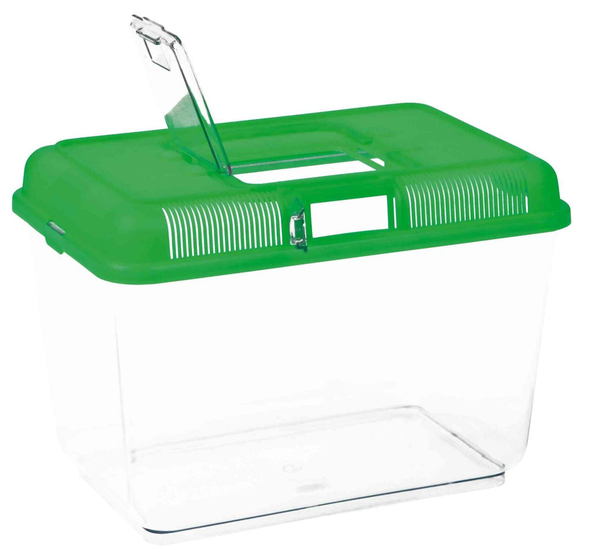 Klarsichtige Kunststoffbox mit grünem Deckel und Belüftungsschlitzen, aufklappbarer kleine Öffnung.