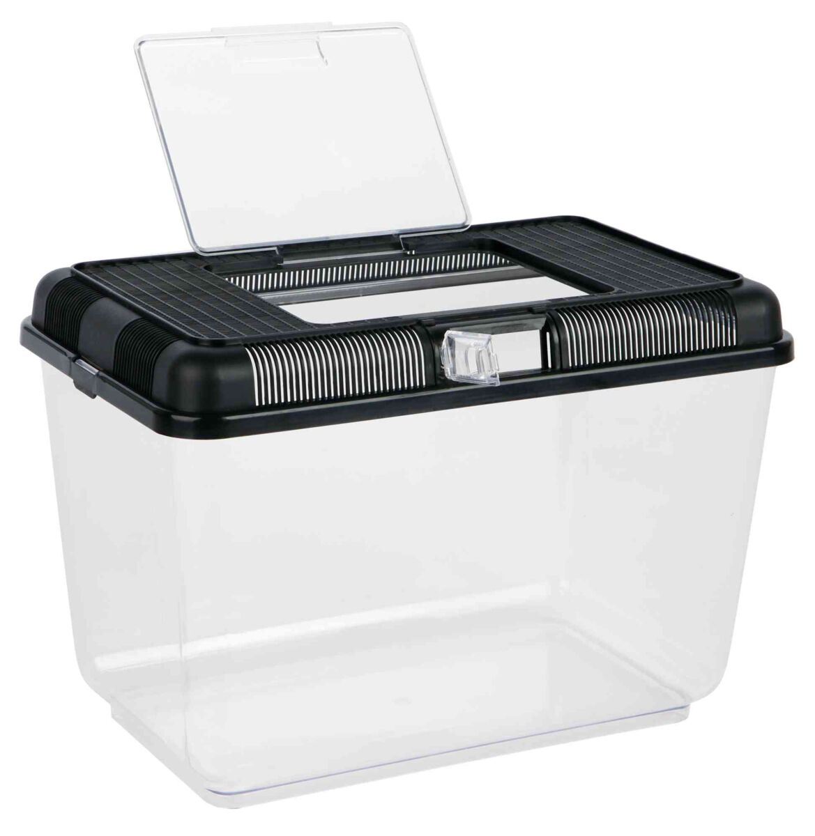 Transparenter Behälter mit schwarzem, gelochtem Deckel und einem aufklappbaren Teil im oberen Bereich.