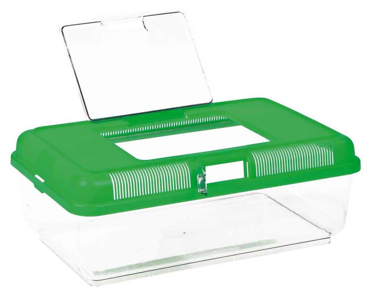 Durchsichtige Kunststoffbox mit grünem Deckel und Lüftungsschlitzen, Klappe oben geöffnet.