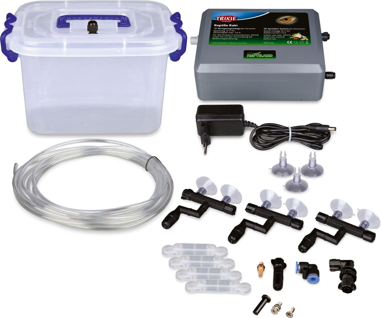 Set mit transparentem Behälter, grauem Gerät, Netzteil, Schläuchen, Saugnäpfen und Kleinteilen.