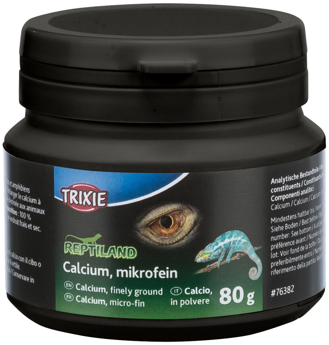 Schwarze Plastikdose mit Aufschrift "Trixie Reptiland Calcium, mikrofein" und Bild eines Chamäleons, 80g.