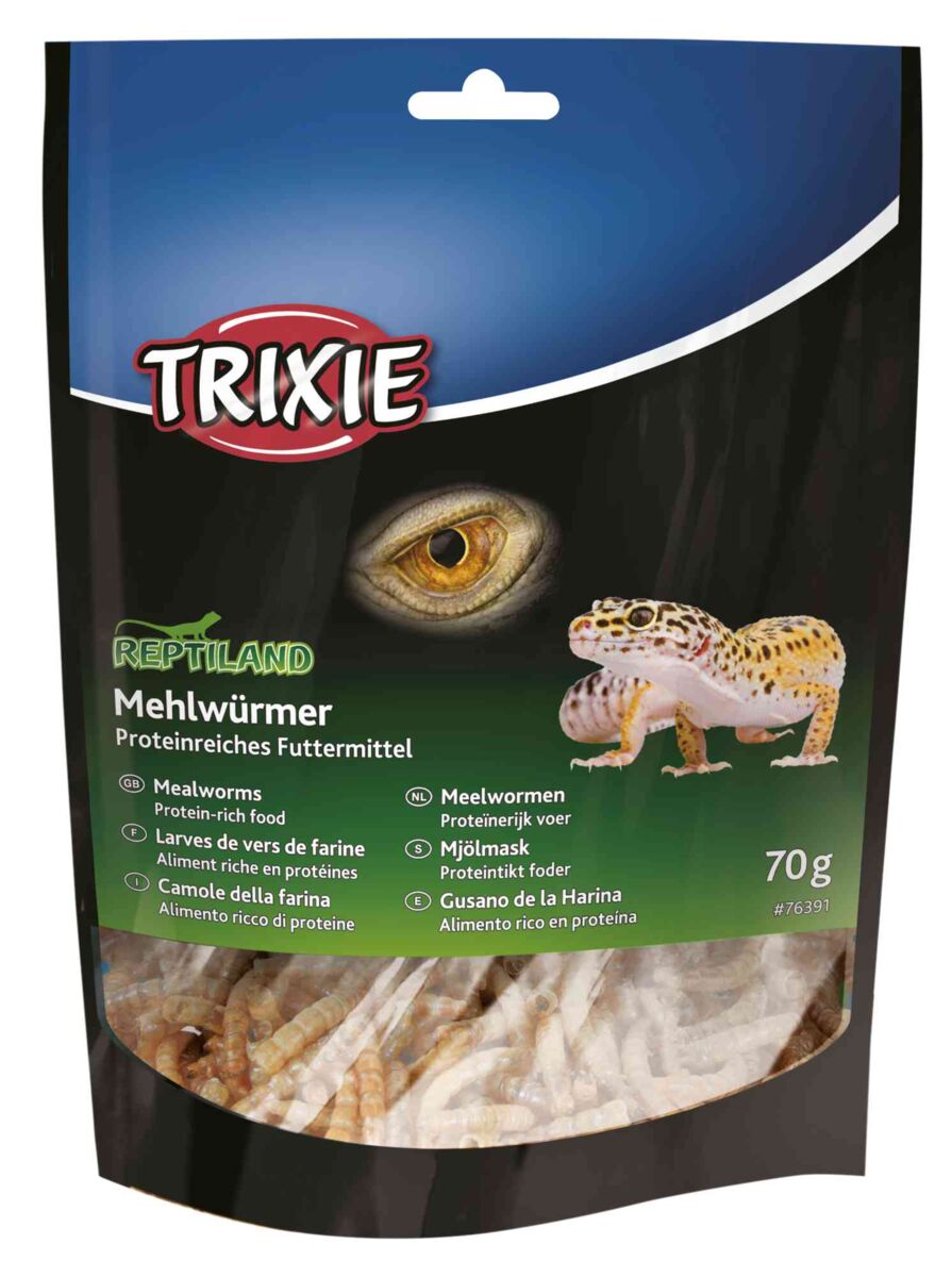 Verpackung mit Mehlwürmern als proteinreiches Futtermittel von Trixie, zeigt Reptil und Auge, 70g.