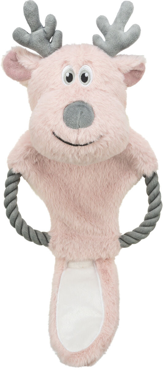 Plüschspielzeug in Form eines Rentiers mit rosa Fell, grauen Hörnern und Armen aus Seil.