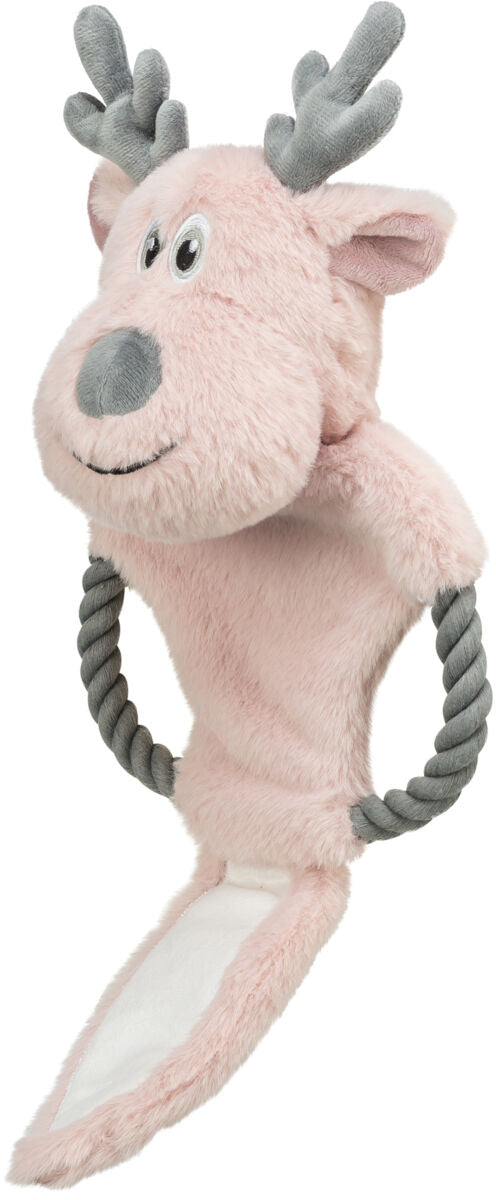 Plüschspielzeug in Form eines rosa Rentiers mit grauen Hörnern und Seilen an den Seiten.