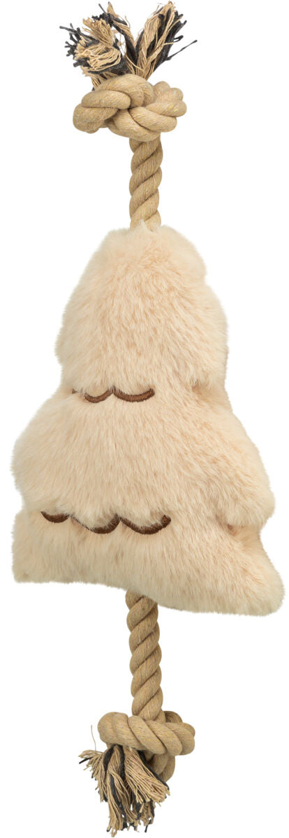 Beiges Plüschspielzeug in Baumform mit braunen Stickereien, an einem geflochtenen Seil mit Knoten gebunden.
