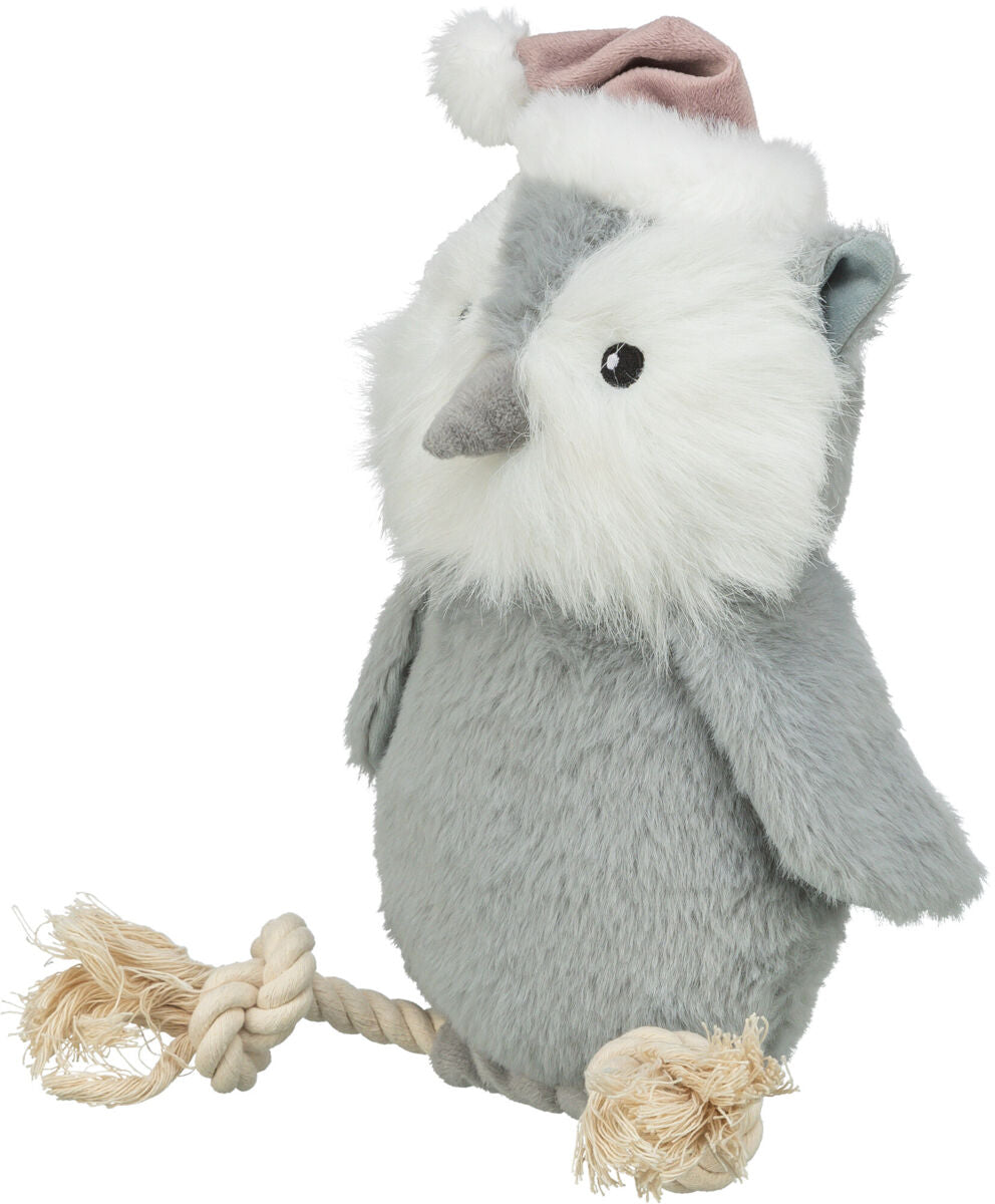 Graues Plüschspielzeug in Eulenform mit weißem Gesicht und Hut, Schnabel und geknotetem Seil unten.