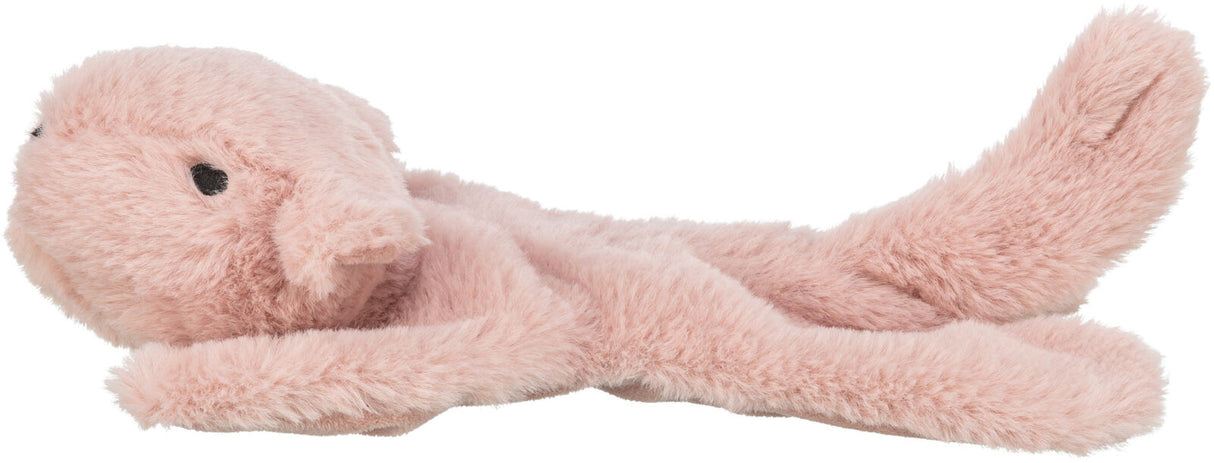 Weiches, rosa Plüschtier in Form eines liegenden Tieres mit schwarzen Augen und aufgerichtetem Schwanz.